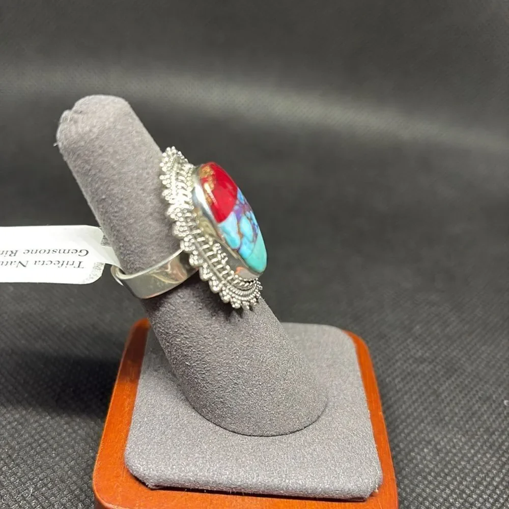 NWT Turquoise and Red Dahlia 925 Sterling Silver Trifecta Ring size 6